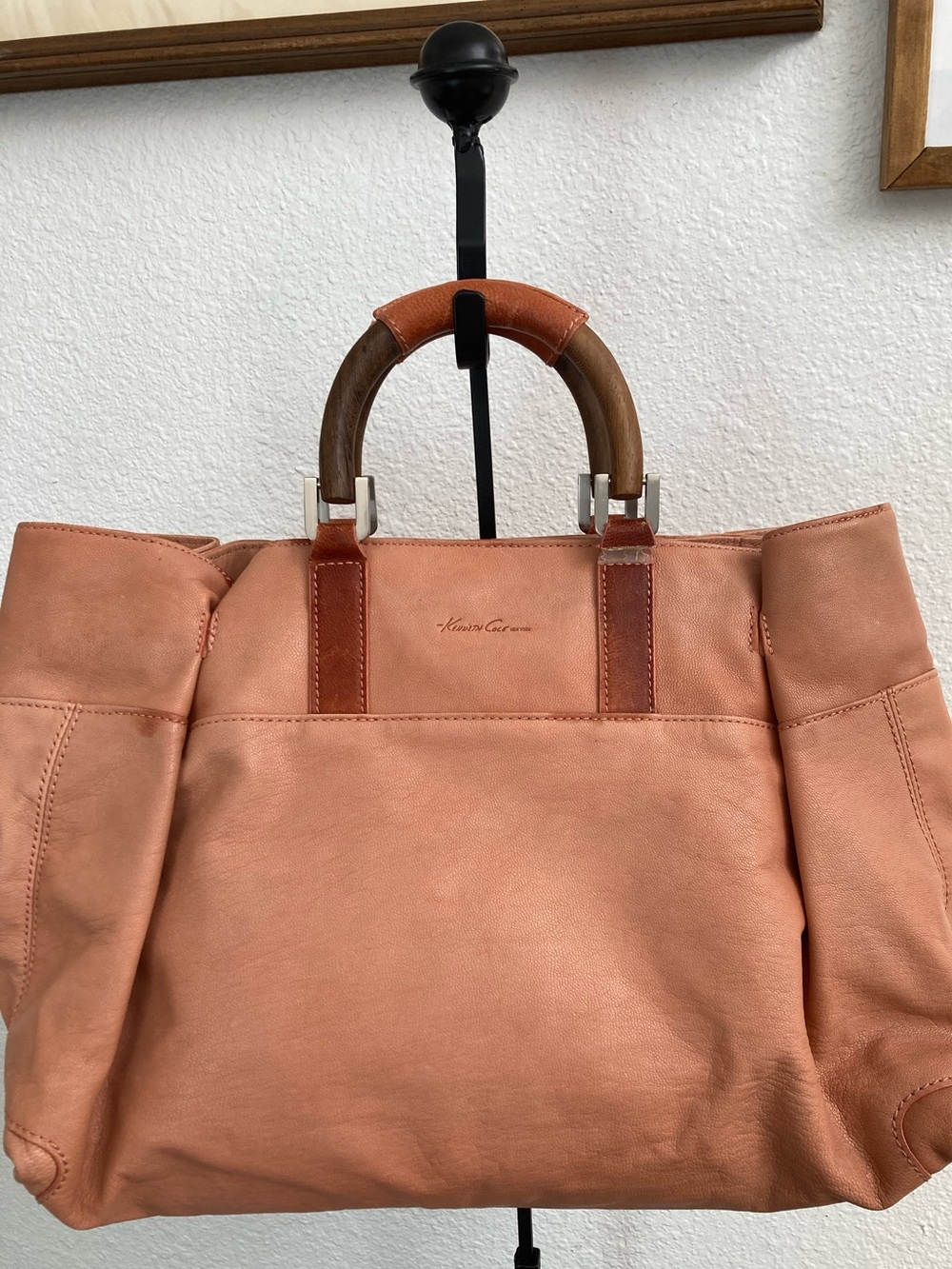 Kenneth Cole New York Vintage Leather Carryall Tote Bag with Unique Wooden Handl